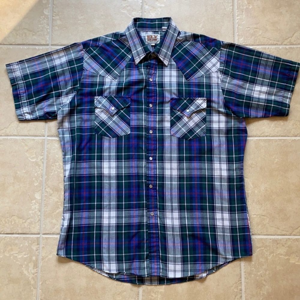 Vintage Ely Cattlemen Blue Plaid Pearl Snap Western Rodeo Short Sleeve S…